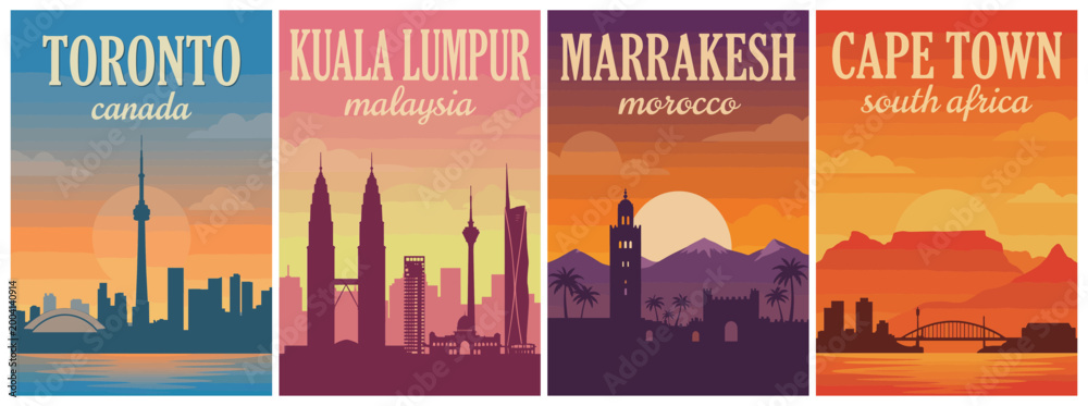 Fototapeta premium Vintage skyline silhouettes travel poster set. Including Toronto Canada, Kuala Lumpur Malaysia, Marrakesh Morocco, and Cape Town South Africa. wall art.