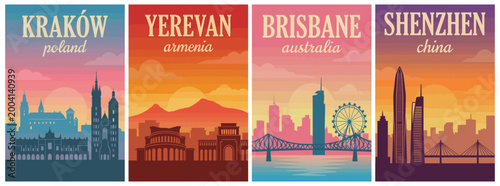 Vintage skyline silhouettes travel poster set. Including Krakow Poland, Yerevan Armenia, Brisbane Australia, and Shenzhen China. Retro vector illustration.