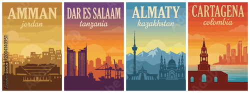 Vintage skyline silhouettes travel poster set. Including Amman Jordan, Dar Es Salaam Tanzania, Almaty Kazakhstan, and Cartagena Colombia. Retro illustration.