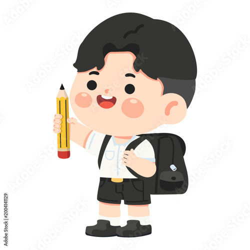 Boy Holding Pencil With Backpack Ready For School