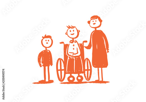 車椅子と介護者が寄り添う優しい手描き風イラスト
