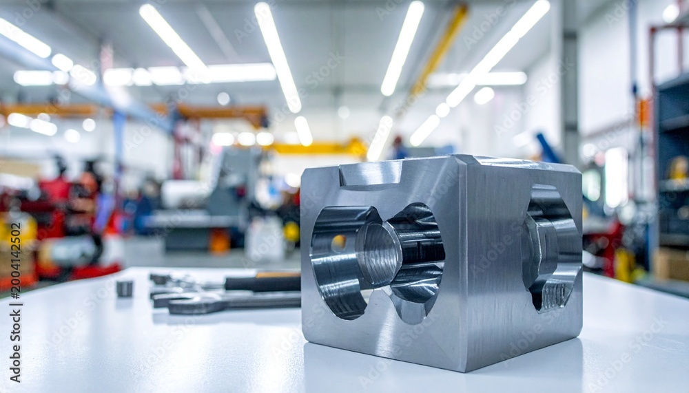 Fototapeta premium Polished cubic metal block with circular threaded openings, reflective surface, in workshop setting symbolizing precision engineering and fabrication.