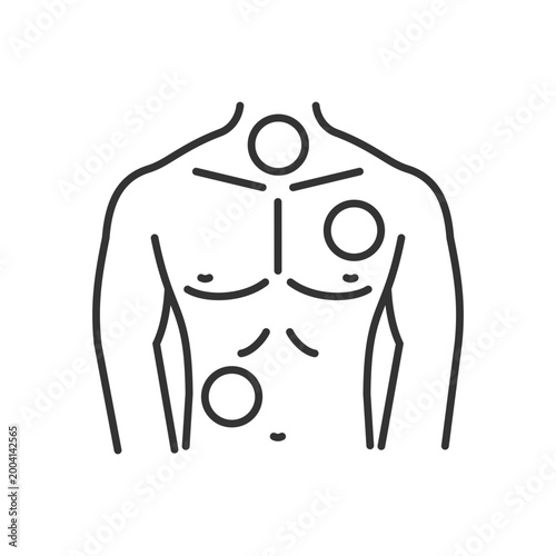 Metastases linear icon. Chest cancer. Thorax and lungs tumors. Spreading of cancer. Pathogenic cells. Thin line illustration. Contour symbol. Vector outline drawing. Editable stroke. Arial font used