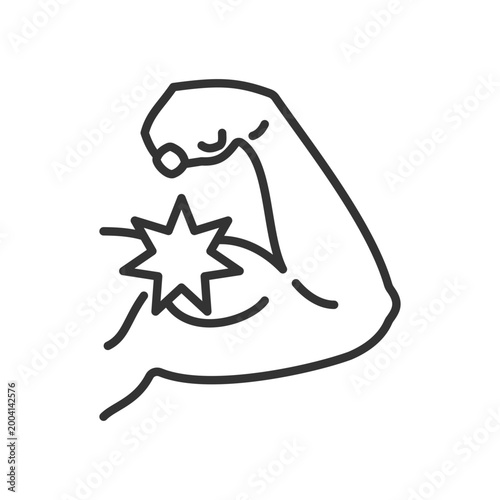 Soft tissue sarcoma linear icon. Malignant tumor. Symptoms and treatment. Muscles swelling and cancer. Thin line illustration. Contour symbol. Vector outline drawing. Editable stroke. Arial font used