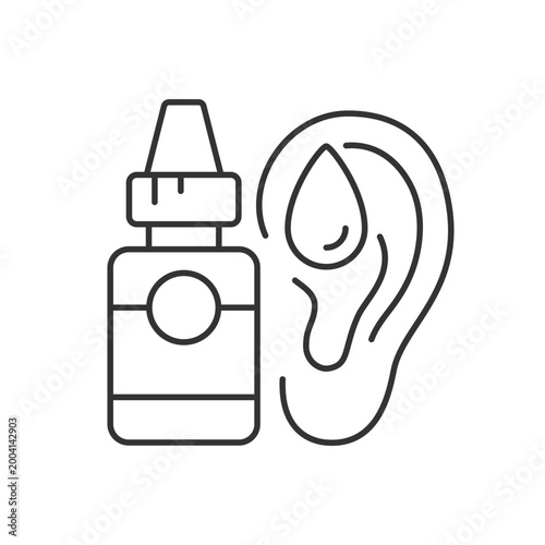 Ear drops linear icon. Earwax removing. Ear inflammations prevention. Reducing pain. Thin line customizable illustration. Contour symbol. Vector isolated outline drawing. Editable stroke
