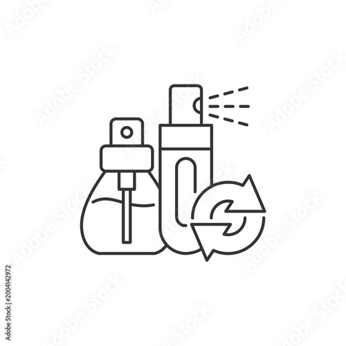 Perfume refill linear icon. Eco friendly package. Refillable sprayer. Dispenser with fluid. Thin line customizable illustration. Contour symbol. Vector isolated outline drawing. Editable stroke