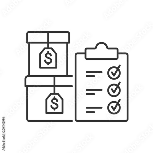 Goods ready for sale linear icon. Inventory in manufacturing. Finished things in accounting. Thin line customizable illustration. Contour symbol. Vector isolated outline drawing. Editable stroke