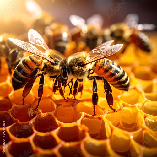 Close-up of two bees on a honeycomb