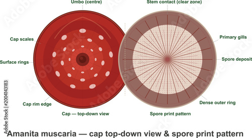 Amanita muscaria cap top-down view & spore print pattern