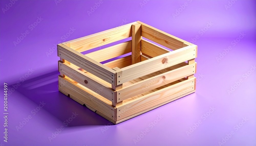 Fototapeta premium Empty Wooden Crate for Storage and Packaging on a Vibrant Purple Background