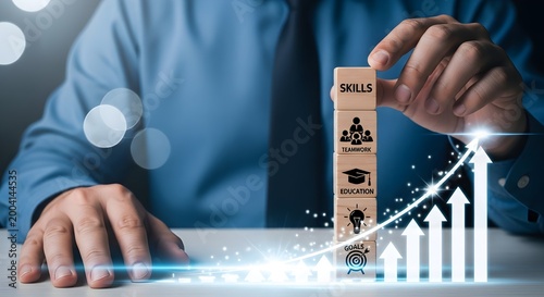 Businessman building skills for career growth and success with increasing graph
