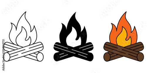 A set of campfire icons with logs in three styles: outline, solid black, and solid vector. Burning campfire symbols. Campfire icons for camping, hiking, and outdoor adventures.