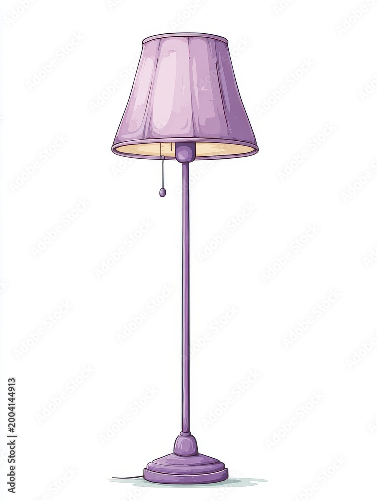 Fototapeta premium Tall Lilac Floor Lamp With Drum Shade Illuminating With Warm Light Isolated On White Background