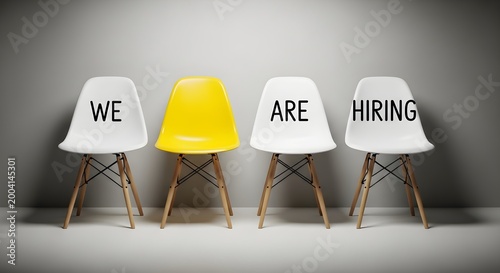 Four office chairs with We Are Hiring text on white background for recruitment concept