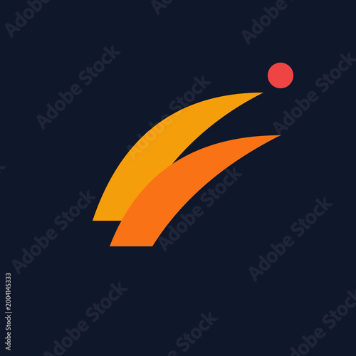 Abstract minimalist logo design featuring orange swooshes and a red sun circle on navy illustration