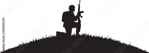Foto Silhouette of a kneeling soldier holding a rifle on hilltop scene