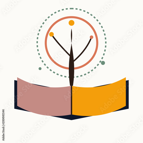 Minimalist geometric art of a stylized tree growing from an open book for wisdom illustration