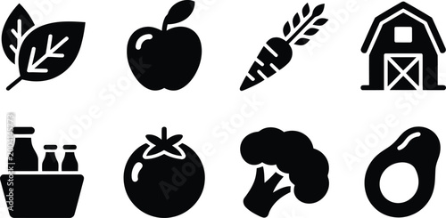 Set of organic farm icons showing fresh produce and agricultural symbols for sustainable food design projects