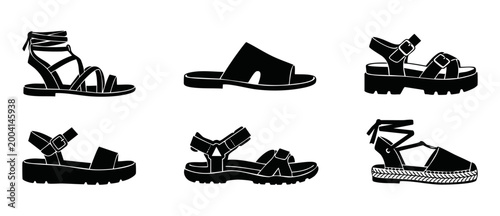 Summer Sandals Footwear Icon Set, Flat Minimalist Black Silhouette Collection for Fashion Design, Various Styles including Gladiator, Slide, Platform and Espadrille Sandals for Women Summer Collection