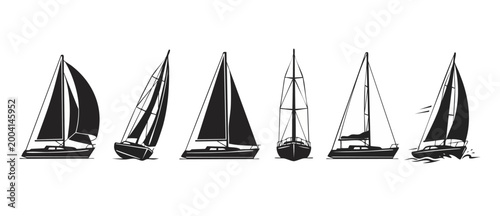 Sailboat silhouette set, marine ship icons for travel design, various nautical vessel shapes in black and white style, isolated vector illustration collection for yacht club, regatta, or vacation conc