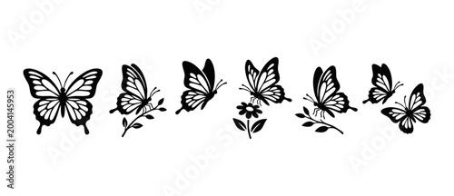 Butterfly Silhouette Set Collection for Design and Decoration, black icons of flying butterflies on flowers and branches, insect vector shapes isolated on a clean white background for creative project