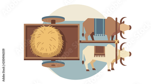 Traditional bullock cart pulling haystack flat vector illustration