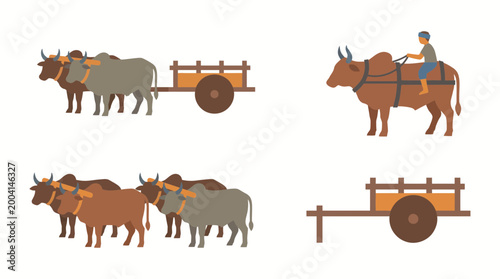 Traditional Bullock Cart and Oxen Vector Illustration Set