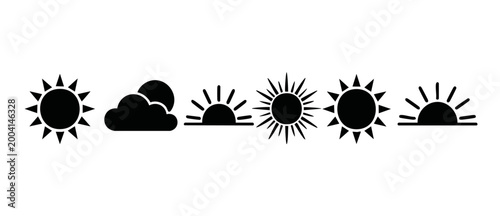 Weather Sun Icons Set, Black Silhouette Climate Symbols for App UI Design, Solar Forecast Graphic Elements for Digital Interface, Minimalist Weather Conditions Collection for Mobile Apps and Web Websi