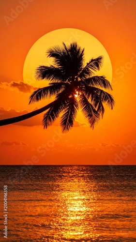 Silhouette of a palm tree against a large orange sun over the ocean