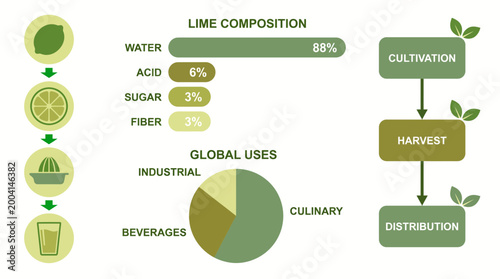 Infographic showing Lime Composition Global Uses and Process Flow