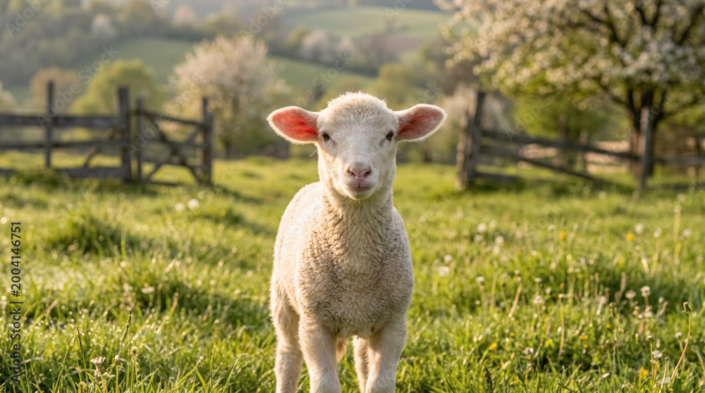Obraz premium Cute lamb standing in sunny spring meadow, farm animal with rustic fence and countryside background.