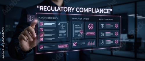 Businessman touching digital interface screen displaying regulatory compliance checklist with icons for legal documents and policy checkpoints