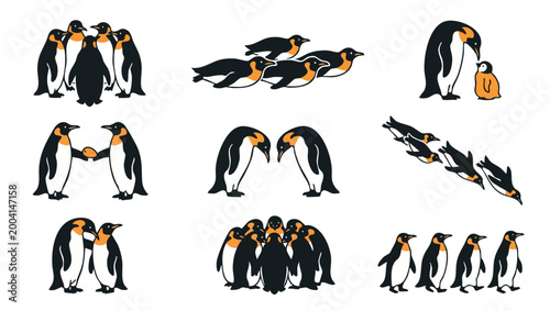 Penguin Character Set Flat Vector Illustration, Cute Penguin Group Icons for Wildlife Design Projects, Minimalist Animal Mascot Collection with Various Poses and Actions for Winter Holiday Branding Gr