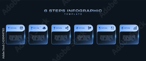 Dark minimal infographic label template with icons and 6 steps. Clean workflow layout, process diagram, flow chart, info graph for presentations and banners, modern vector design, business use