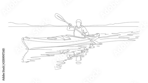 Continuous line drawing of a person kayaking on calm water.