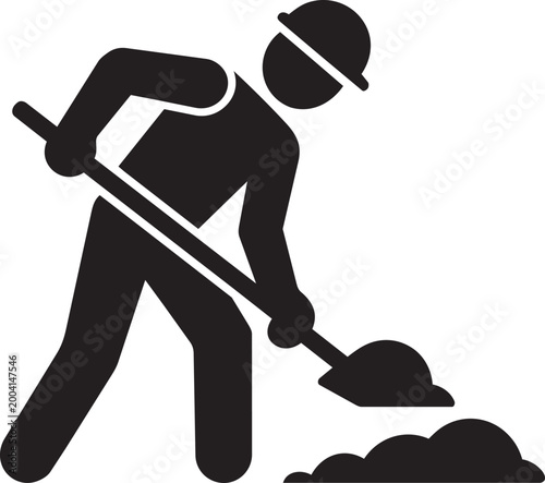Construction worker in hard hat pouring dirt from a shovel, silhouette vector Art & Illustration