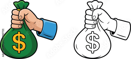 Money bag icon, vector illustration of hand holding cash bag with colored and outline versions for finance savings investment banking and business design concepts.