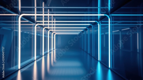 Futuristic corridor. Bright neon lights create perspective, leading eyes toward distant glow. Reflective surfaces amplify illumination. Minimalist design.