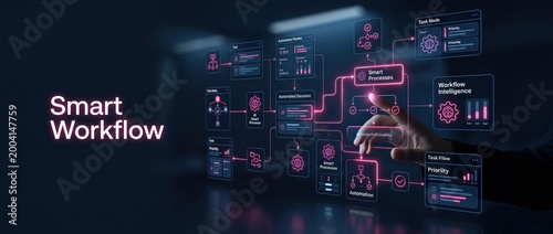 Digital flowchart with glowing lines and icons on a dark background