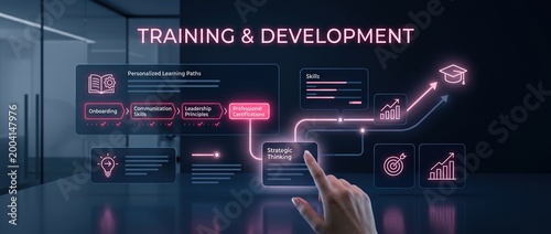 Digital interface displaying training and development pathways with glowing neon accents