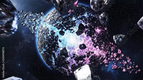 Floating metallic shard planet with neon glow jagged reflective shards