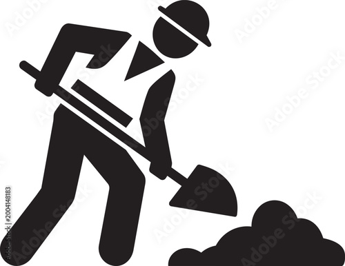 Construction worker in hard hat pouring dirt from a shovel, silhouette vector Art & Illustration