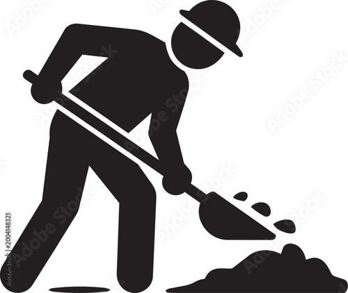 Construction worker in hard hat pouring dirt from a shovel, silhouette vector Art & Illustration