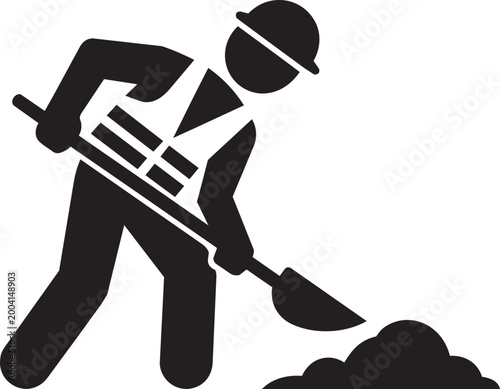 Construction worker in hard hat pouring dirt from a shovel, silhouette vector Art & Illustration