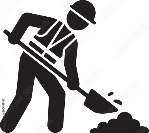 Construction worker in hard hat pouring dirt from a shovel, silhouette vector Art & Illustration