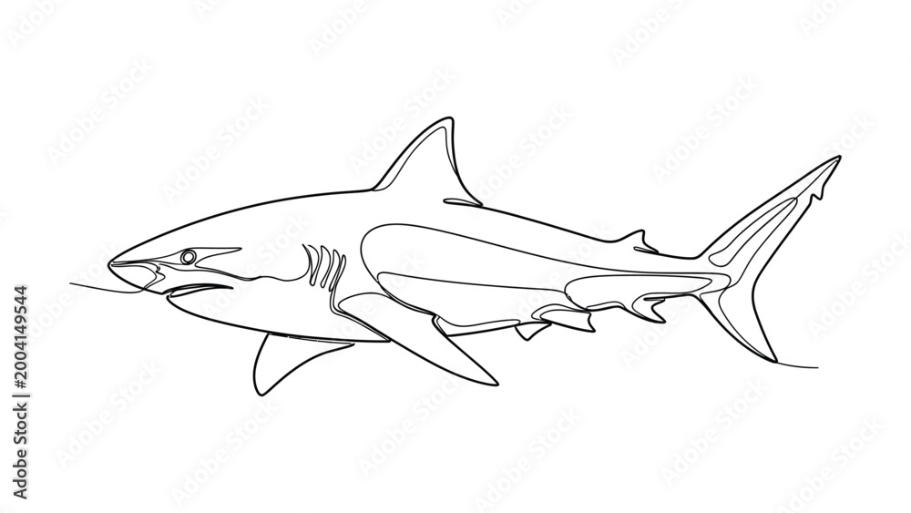 Fototapeta premium Minimalist continuous line drawing of a predatory shark swimming.