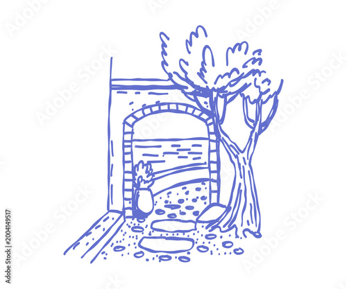 Amalfi Mediterranean landscape with sea view, house with orange branch, ancient stairs. Whimsical doodle illustration.