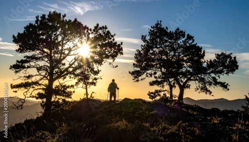 Silhouette of a hiker standing on a mountain peak at sunrise between two trees.