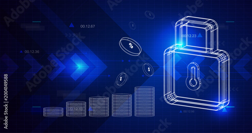 Futuristic FinTech Security Concept with Padlock Wireframe, Financial Data Charts, and Money Coins Elements
