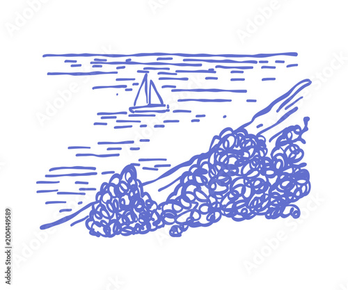 Mediterranean Amalfi landscape with view of mountains, sea, boat. Whimsical doodle illustration.